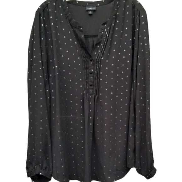 Torrid Blouse Size 1 (Equivalent to 1X) Black Sheer w/ Silver Stars Long Sleeves - Picture 1 of 10